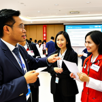 **Healthcare Professional Networking Event:** Depict a bustling networking event in Kuala Lumpur. Focus on diverse professionals (doctors, nurses, administrators) in business attire, exchanging business cards and engaging in conversations. The backdrop should feature a modern conference venue with the Malaysian flag subtly displayed. Emphasize a sense of collaboration and opportunity.
