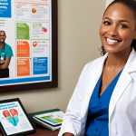 ** A smiling healthcare manager in an office setting, consulting with a diverse group of patients. The background includes posters promoting healthy lifestyles and wellness programs. Emphasis on communication and empathy.

**