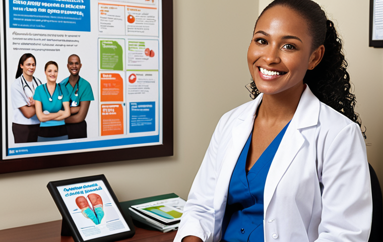 ** A smiling healthcare manager in an office setting, consulting with a diverse group of patients. The background includes posters promoting healthy lifestyles and wellness programs. Emphasis on communication and empathy.

**