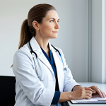 A calm and professional female doctor, fully clothed in a modest white lab coat and dark trousers, sitting peacefully at a modern desk in a well-lit office. She is looking out a window with a thoughtful expression, emphasizing a moment of work-life balance and professional well-being. The scene conveys a supportive environment. Appropriate attire, safe for work, appropriate content, family-friendly, perfect anatomy, correct proportions, natural pose, well-formed hands, proper finger count, natural body proportions, high-quality, professional photography.