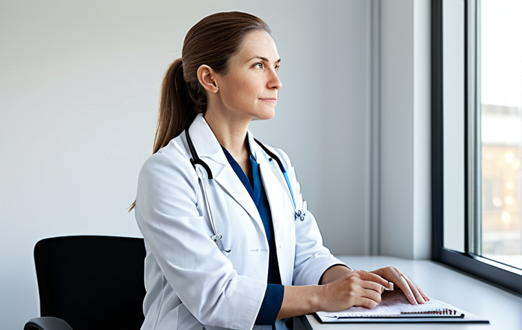 A calm and professional female doctor, fully clothed in a modest white lab coat and dark trousers, sitting peacefully at a modern desk in a well-lit office. She is looking out a window with a thoughtful expression, emphasizing a moment of work-life balance and professional well-being. The scene conveys a supportive environment. Appropriate attire, safe for work, appropriate content, family-friendly, perfect anatomy, correct proportions, natural pose, well-formed hands, proper finger count, natural body proportions, high-quality, professional photography.