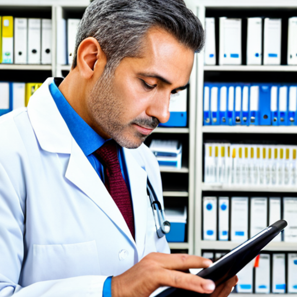 Medical Professional Reviewing Patient Records**

"A dedicated doctor in a bright, modern clinic office reviewing a patient's digital health record on a tablet. The doctor is fully clothed in professional attire (medical coat), showing concern and attention to detail. Background includes medical equipment and organized shelves. Safe for work, appropriate content, perfect anatomy, professional, high quality, well-formed hands, proper finger count, natural body proportions, modest."

**