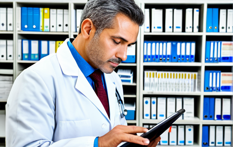 Medical Professional Reviewing Patient Records**

"A dedicated doctor in a bright, modern clinic office reviewing a patient's digital health record on a tablet. The doctor is fully clothed in professional attire (medical coat), showing concern and attention to detail. Background includes medical equipment and organized shelves. Safe for work, appropriate content, perfect anatomy, professional, high quality, well-formed hands, proper finger count, natural body proportions, modest."

**