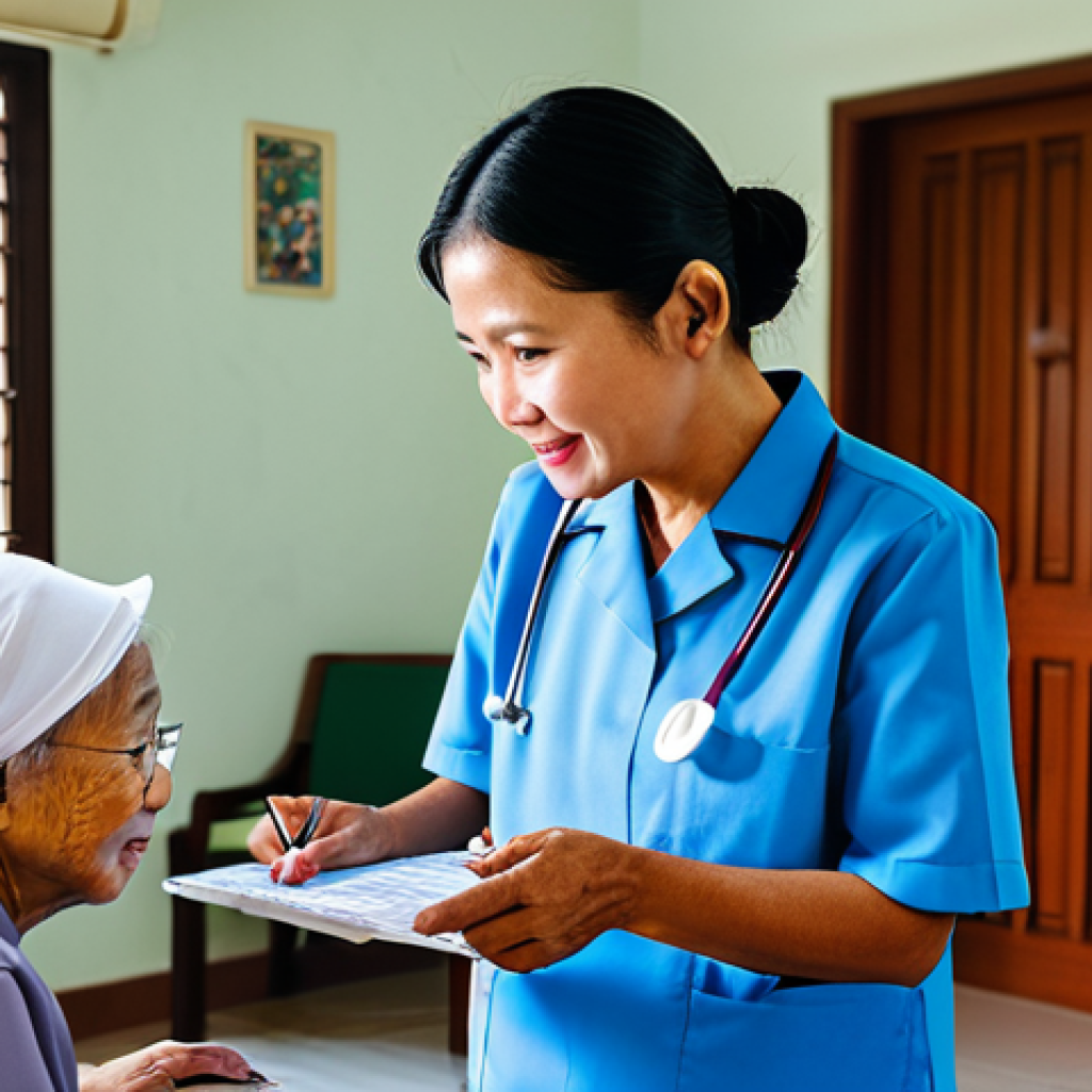 건강관리사 업무에서 발생하는 에피소드 - Communication**
"A caring healthcare professional, fully clothed in a modest uniform, patiently exp...