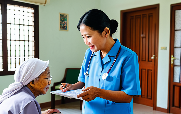 건강관리사 업무에서 발생하는 에피소드 - Communication**
"A caring healthcare professional, fully clothed in a modest uniform, patiently exp...