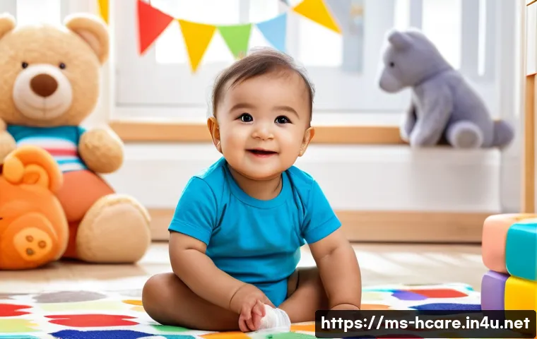 건강관리사 자격증 최신 경향 분석 - **A cheerful toddler (approximately 2 years old) sitting on a patterned playmat in a brightly lit nu...
