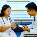 건강관리사 직업 윤리와 규범 - A professional Malaysian healthcare worker wearing a neatly pressed white medical uniform with a ste...