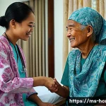 건강관리사 필수 중점과목 정리 - A compassionate Malaysian healthcare worker in a bright, clean hospital room gently assisting an eld...