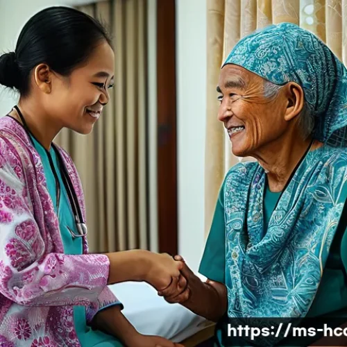 건강관리사 필수 중점과목 정리 - A compassionate Malaysian healthcare worker in a bright, clean hospital room gently assisting an eld...