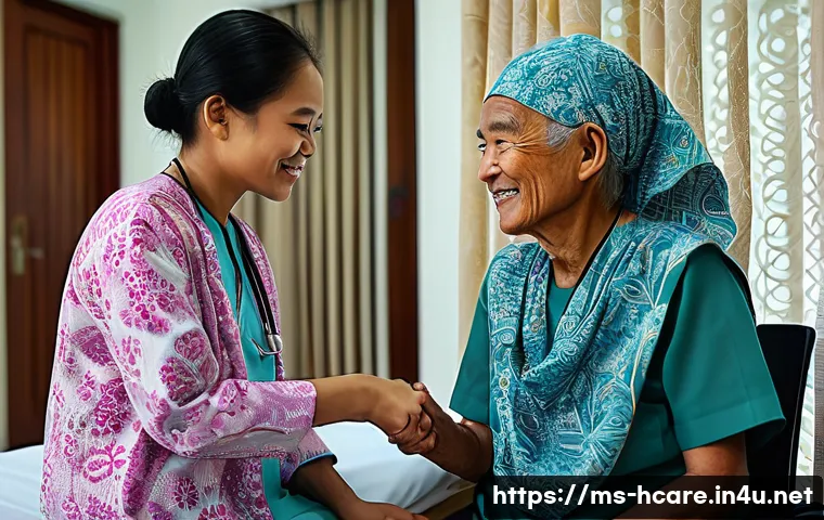 건강관리사 필수 중점과목 정리 - A compassionate Malaysian healthcare worker in a bright, clean hospital room gently assisting an eld...