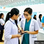 건강관리사와 관련된 취업 박람회 - A bustling Malaysian healthcare career fair scene featuring diverse professionals including pharmaci...