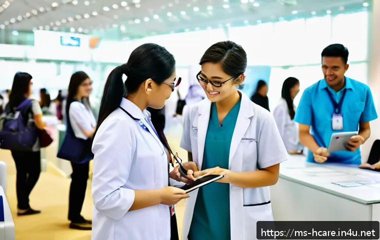 건강관리사와 관련된 취업 박람회 - A bustling Malaysian healthcare career fair scene featuring diverse professionals including pharmaci...