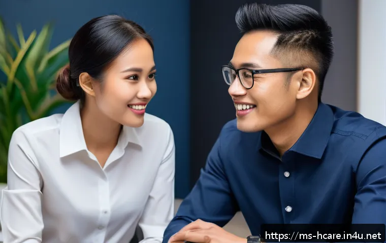 건강관리사 자격증 시험 후기 인터뷰 - A professional Malaysian healthcare management interview scene showing a young Malay woman dressed i...