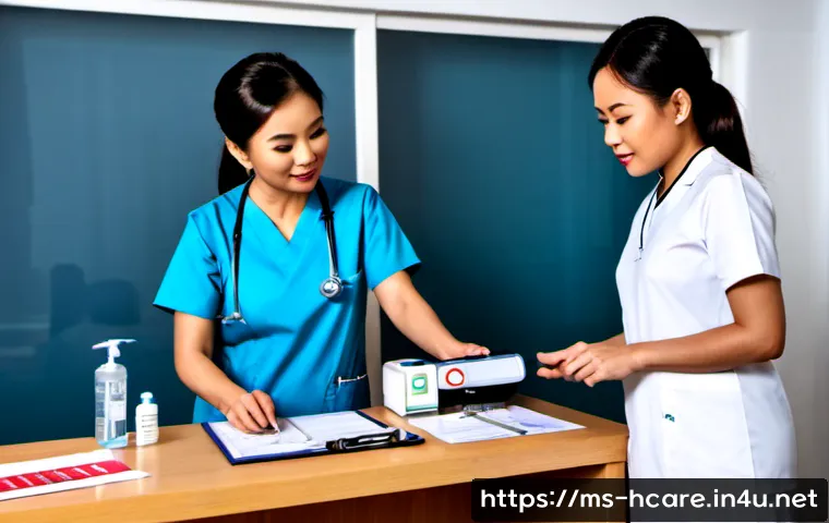 Home 17 건강관리사 자격증 종류와 비교 - Photorealistic Malaysian career guidance scene, two adult healthcare trainees comparing professional...