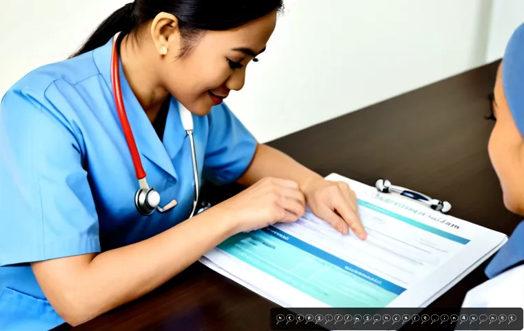 Home 13 건강관리사 직무별 자격증 요구 사항 - Photorealistic Malaysian healthcare career guidance scene, a professional Malay woman in modest medi...